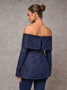 SHEIN BAE 女士休闲露肩牛仔夹克，蓝色 - 深色水洗藍 - 查看 2