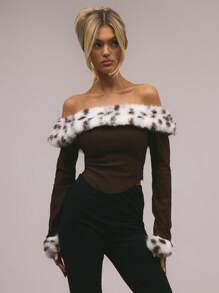 MUSERA Dalmation Faux Fur Bardot TopVacation Spring Summer Holiday - Olive Green - View 1