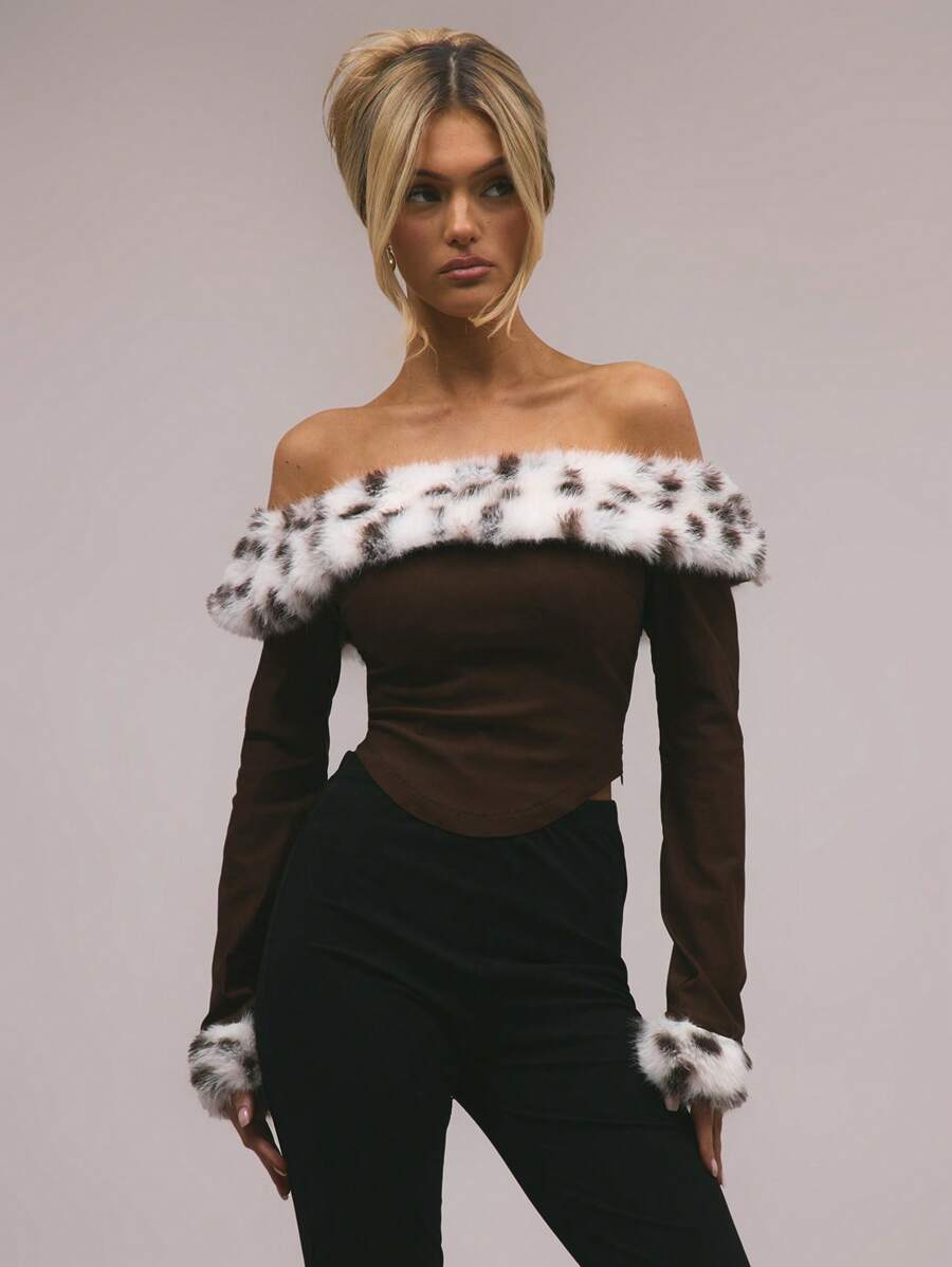 MUSERA Dalmation Faux Fur Bardot TopVacation Spring Summer Holiday - Olive Green - View 1