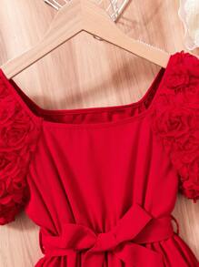 SHEIN 圣诞节女孩红色优雅刺绣泡泡袖连衣裙 - 紅色 - 查看 3