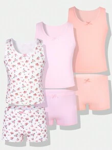 SHEIN 3PCS/Set Young Girl Camisole With Ribbing, Rose And Bow Design, Pink + Solid Color Camisole And Panty Set With Bow, Soft And Comfortable,Summer Travel