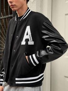 Manfinity VCAY Men Casual Loose Print Long Sleeve Zip-Up Baseball Jacket Sports Coat, Everyday Wear, Young Adult, Grunge, Fall - Black - View 6