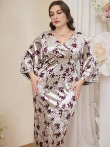 Modelyn 大码天鹅绒 V 领长袖花卉印花修身连衣裙，各种花卉印花，优雅紧身长裙，适合晚会/婚礼嘉宾/周年纪念长晚礼服
