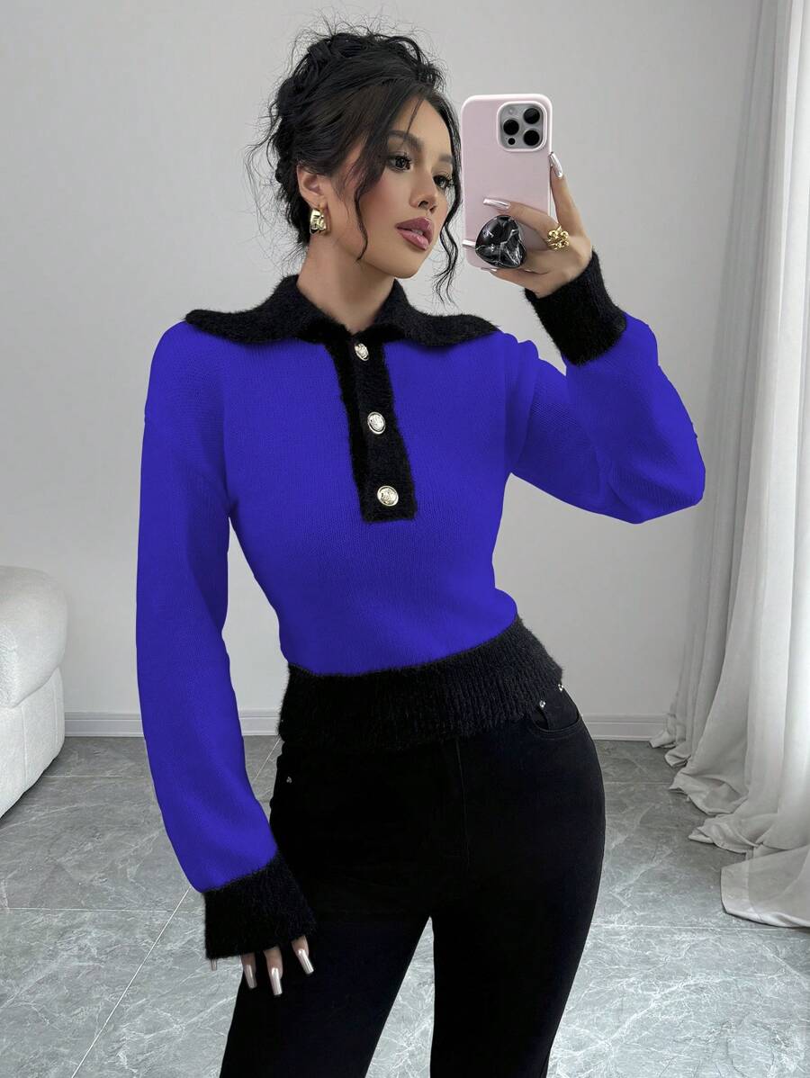 Selianne 女士运动风撞色POLO领长袖休闲针织套头衫秋冬毛衣 - 寶藍色 - 查看 1