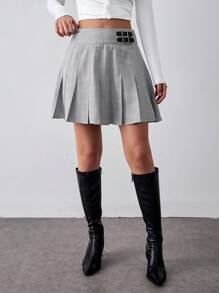 SHEIN Unity Women's Plaid Pleated Waist Buckle Decor Pleated Mini Shorts - Light Grey - View 5