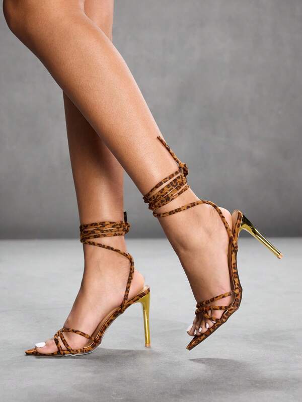 CUCCOO SZL Sandalias de tacón alto con puntera puntiaguda y estampado de leopardo marrón para mujeres, color dorado