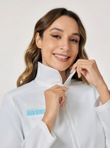 TaskEZ Front Button Long Sleeve Pocket Scrub Uniform Jacket, Solid Color Patchwork - Apricot - View 3