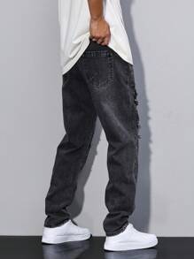 Manfinity Homme Men's Pocket Ripped Straight Leg Casual Versatile Denim Jeans - Dark Grey - View 2