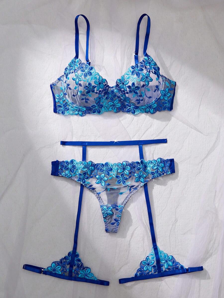 Esselle 3pcs Sexy Lingerie Set For Women, Light Purple For Going Out - Blue - View 1
