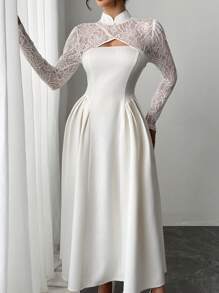 Firerie 优雅简约精致浪漫通勤日常新年中式立领蕾丝拼接泡泡袖侧褶 A 字型白色中长连衣裙 - 白色 - 查看 7