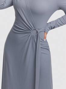 Veilorie Women's Solid Color Round Neck Long Sleeve Pleated Elegant Dress Modest - Blue - View 4