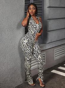 SHEIN Slayr 女士豹纹拉链半襟无袖时尚牛仔连体裤