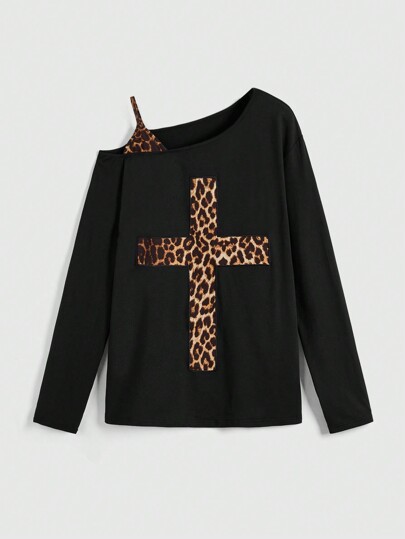 Grunge Punk Débardeur léopard et t-shirt manches longues ample au style Y2K Harajuku avec imprimé léopard et patchs en forme de croix