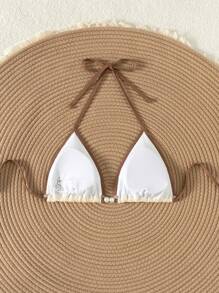 Swim Vcay Summer Retro Holiday Beach Apricot Color Splice Special Fabric Women One Piece Bikini Top - Apricot - View 2