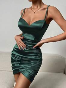 Allurite Đầm mini thường ngày bèo nhún dây mảnh màu trơn dành cho nữ - Màu xanh lá cây đậm - Xem 3