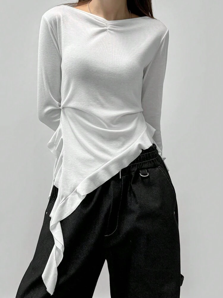 Women's Solid Color Boat Neck Asymmetrical Hem Long Sleeve T-Shirt, White, Spring/Autumn,Fall Women Clothes