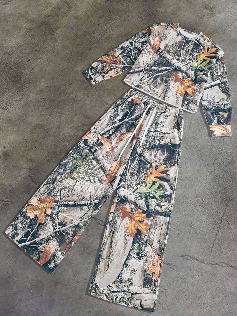 Women's Casual Sports Street-Style Camouflage Tree Branch Print Long Sleeve 2 Pieces Set, Autumn/Winter - Multicolor - View 1