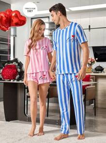 Manfinity Striped, Message, Heart Design Print Minimalist Casual Pajamas Set For Couples - Blue and White - View 6