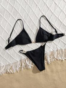 Set de 2 bikinis sexys en negro para mujer, con cierre dorado y espalda cruzada, estilo triángulo para el verano - Negro - Ver 5