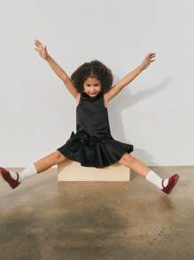 Maija Kids Maija Kids Kleine Mädchen Lässig Rundhals Schleife Dekor Jumpsuit Kleid Schwarzer Rock Kleine Mädchen