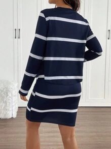 SHEIN 2pcs Maternity Set: Striped Dropped Shoulder Top And Adjustable Strap Dress, For Autumn