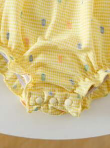 SHEIN Vintaside Kids 女婴春夏新款可爱休闲乡村日常趣味黄色格子3D彩色波点纹理面料蝴蝶结背带宽松连体衣+发带两件套 - 黃色 - 查看 7