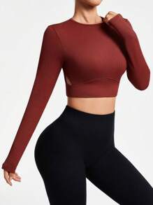 Easithlete 女士纯色圆领长袖镂空修身休闲上衣，日常穿着 - 棕色 - 查看 4