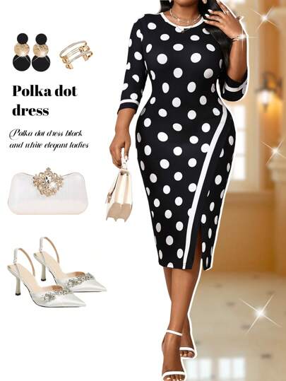 Fleurora 大码波尔卡圆点印花黑白圆领撞色绑带开衩中长连衣裙七分袖优雅连衣裙