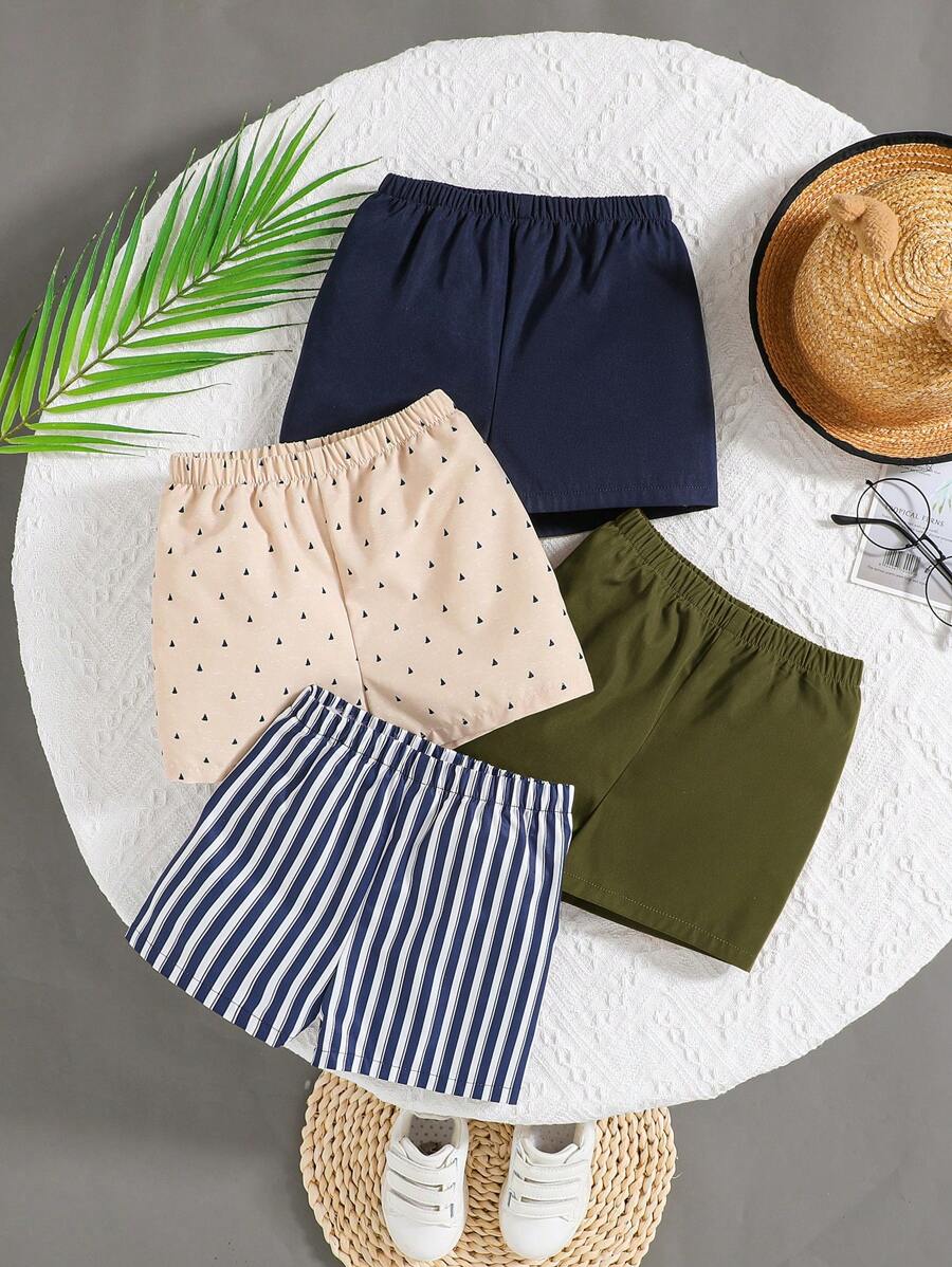 SHEIN Leap Crew 4 件套男婴彩色条纹帆船印花和纯色松紧腰休闲短裤套装，适合男孩和女孩 - 彩色 - 查看 1