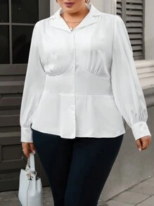 SHEIN Clasi Plus Size Casual Solid Color Cinched Waist Long Sleeve Shirt, Autumn - White - View 4