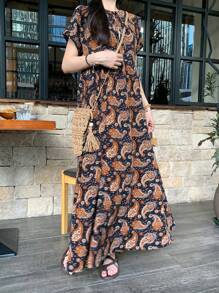 FRIFUL 女士波西米亚风印花长裙，夏季吊带裙，教师装，度假装，复活节女装 - 彩色 - 查看 7