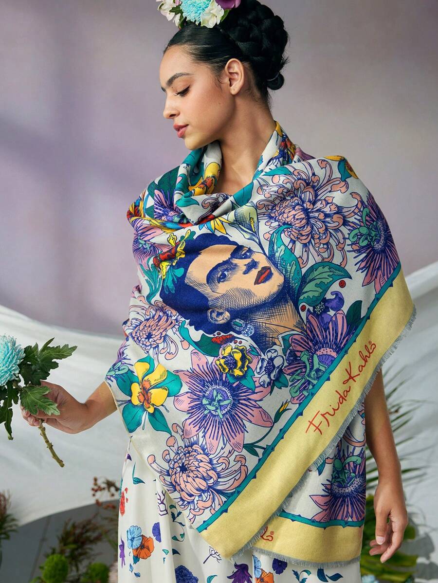 Frida Kahlo X SHEIN Women's Lightweight & Soft Floral Print Scarf, Great Gift,Summer Outfits, Spring Outfits,Beach, Vacation, Flower - Multicolor - View 1