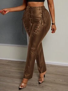 Slaydiva Plus Size Women Solid Color Eyelet Tie Pu Leather Pants - Brown - View 3