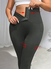SHEIN PETITE CURVE Plus Size Casual Solid Color High Waist Leggings