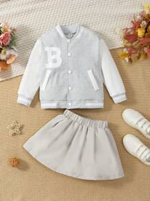 SHEIN Young Girl Simple Fashionable Casual Daily Jacket + Skirt Set - Light Grey - View 3