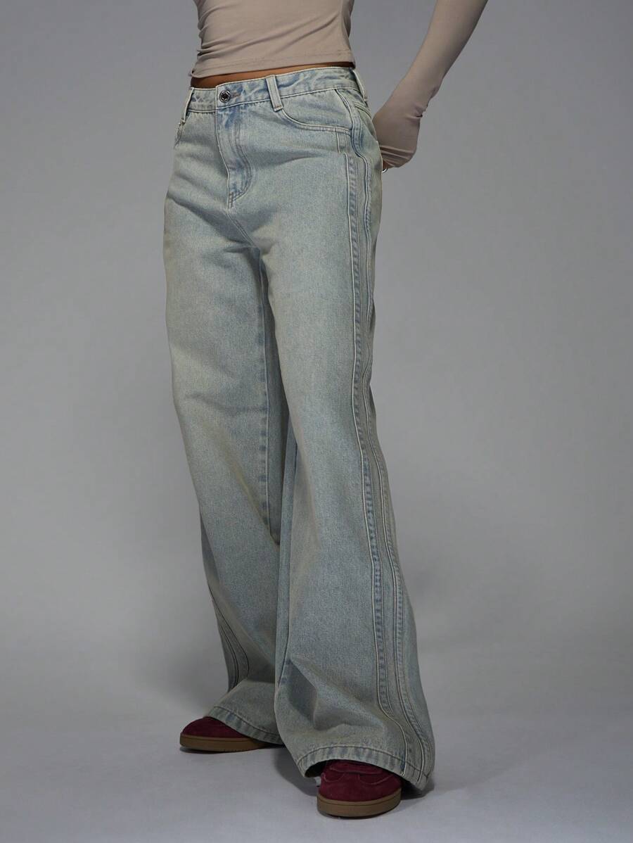 MISSGUIDED Stripe Detail Low Rise Loose Baggy Jean - Light Grey - View 1