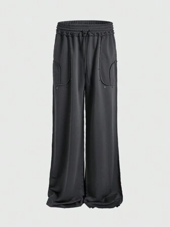 Street Life Men's Plain Color Front Lace-Up Pocket Minimalist Baggy Sweatpants, Casual Everyday Wear