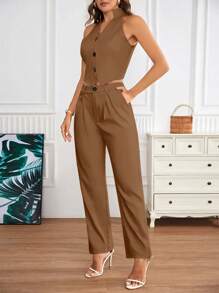Chiquease Conjunto de dos piezas de chaleco y pantalones de traje informal sin mangas para mujer, conjunto de ropa de otoño casual - Marrón - Ver 3
