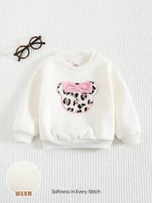 Cozy Pixies 女婴蝴蝶结豹纹熊头图案套头运动衫，休闲运动外套百搭 - 彩色 - 查看 3