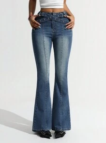 SHEIN ICON Women's Bell-Bottom Casual Denim Jeans With Corn Wen Design Button Skinny Flared Jeans