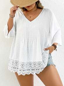 SHEIN CURVE+ 大码情人节提花蕾丝拼布衬衫