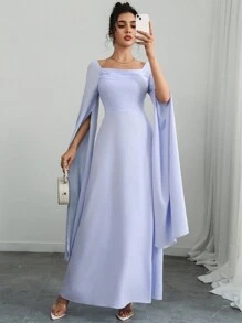 Chiquease 女士优雅方领荷叶边腰 A 字长袖连衣裙，通勤风格，春/秋/冬 - 淺藍色 - 查看 3