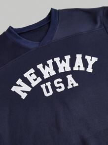 INAWLY 女士V领字母印花落肩长袖宽松休闲卫衣，秋冬套头衫 - 藏蓝色 - 查看 3