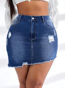 SHEIN SXY Plus Size Women Stretchy Denim Skirt With Asymmetrical Hemline, Distressed Ripped Design, Sexy Skirt - Dark Wash - View 2