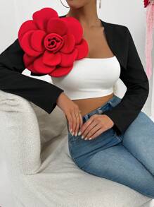 SHEIN Unity 女士长袖短款时尚优雅 3D 花卉夹克 - 黑色 - 查看 7