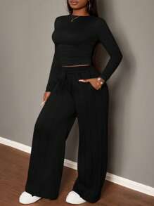 Slaydiva 2pcs Set: Women's Brown Drawstring Casual Straight Leg Sports Sweatpants + Solid Color Long Sleeve T-Shirt, Fall/Winter - Black - View 6
