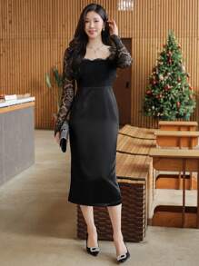 DAZY Vestido de mujer con cuello cuadrado de encaje y parches, adecuado para citas, salidas nocturnas, primavera, vestido de boda, otoño, vestido de manga larga, Año Nuevo - Negro - Ver 5