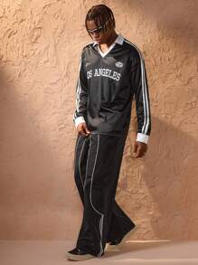 Forever 21 Men's Vintage Style Colorblock Print Polo Collar Long Sleeve Jersey - Black - View 6