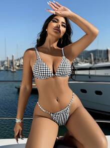 SHEIN Swim Swim Summer Beach Vacation Outfits Woman Houndstooth Bikini Sets - Black and White - View 4