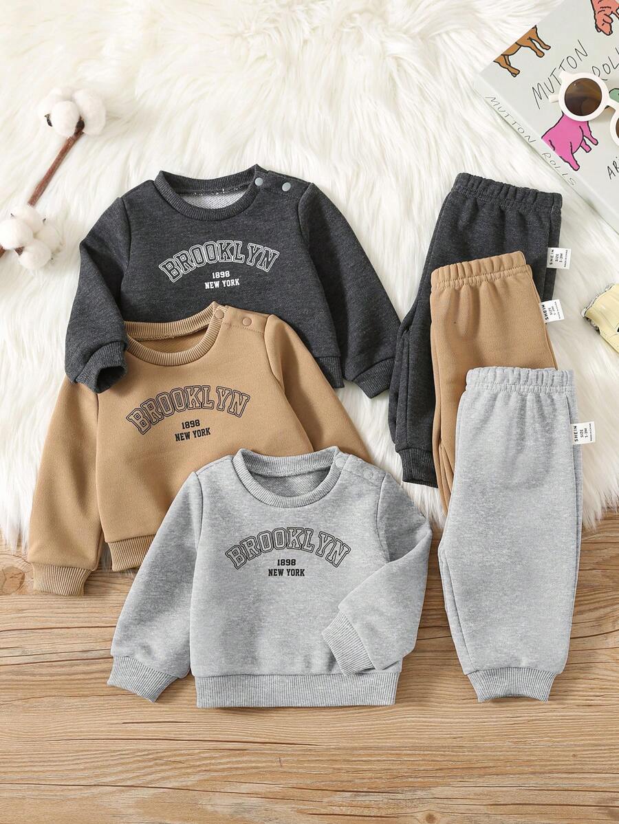 SHEIN 6 件套新生男婴/女婴可爱字母印花长袖运动衫和松紧腰裤，6 件套秋冬季家居服装 - 彩色 - 查看 1